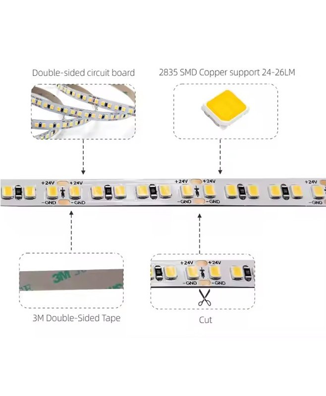 2835 LED strip light — white PCB with 3M adhesive backing