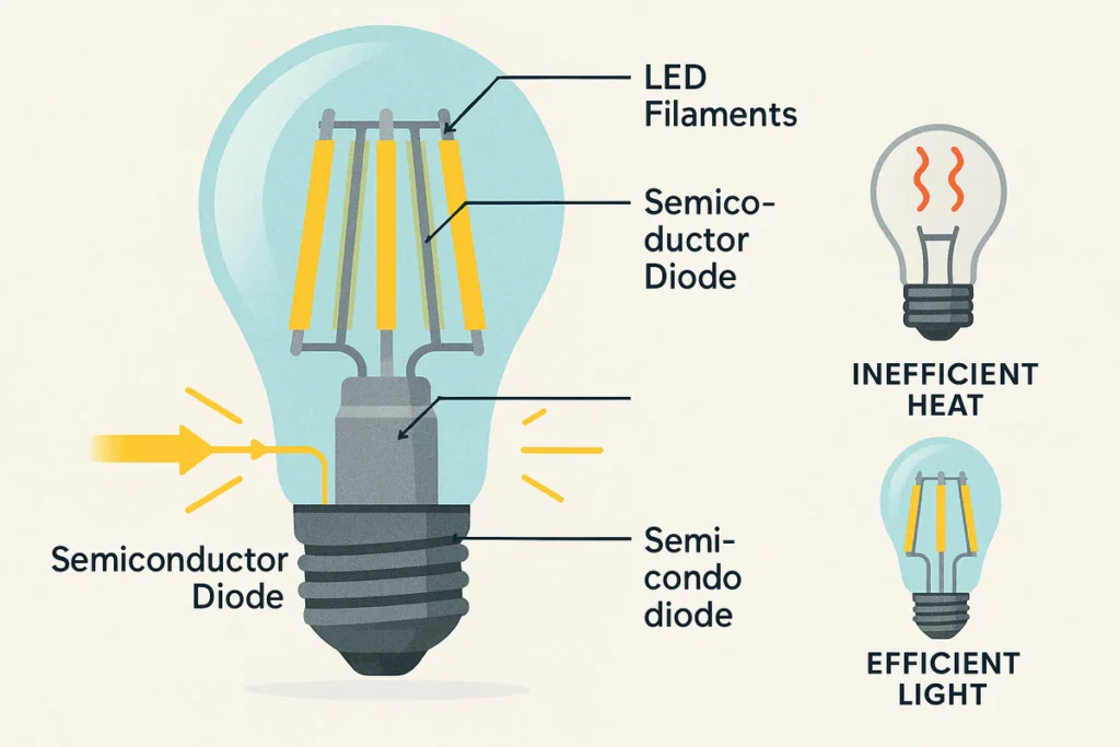 Diagram showing increased current flow causing heat in brighter LED strips for high-brightness applications like NPHIS COB light strips