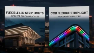 Vibrant COB flexible strip light on urban building edge in colorful night scene for dynamic decoration