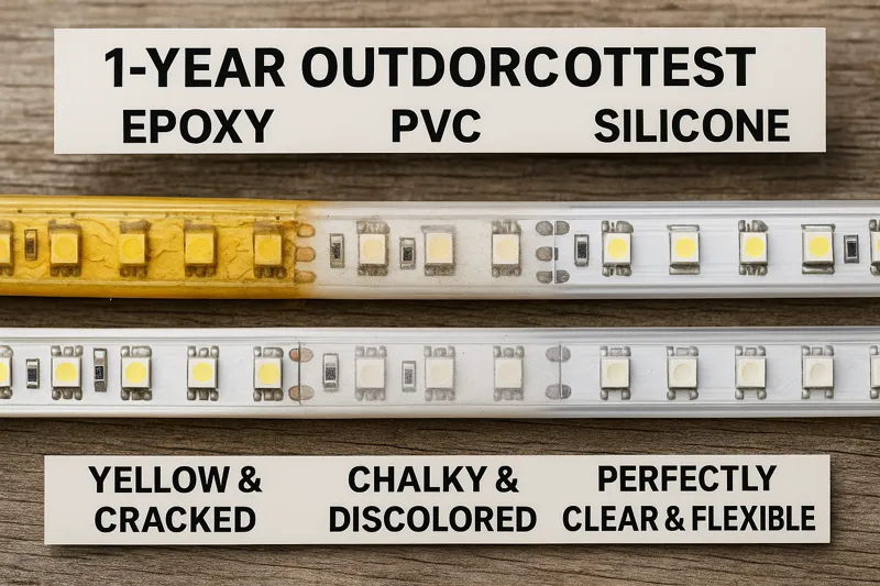 Side-by-side comparison of PVC and silicone LED neon flex after 1 year outdoors – silicone stays clear while PVC yellows and cracks