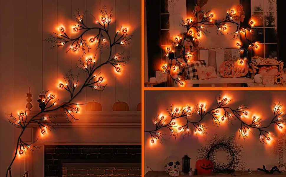 Creative indoor Halloween branch LED lights with pumpkin shapes for fireplace wall decor
