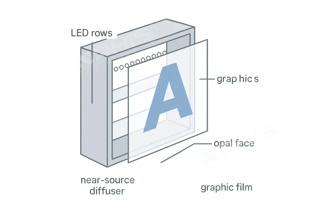 Technical illustration of LED light box structure, featuring LED rows, near-source diffuser, graphic film, and opal face for uniform illumination » led strip light Production R&D Manufacturer|NPHIS Technical illustration of LED light box structure, featuring LED rows, near-source diffuser, graphic film, and opal face for uniform illumination