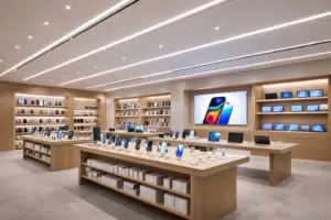 Electronics showroom illuminated with high-efficiency linear LED strip lights, ideal commercial lighting solution for retail display and brand presentation.