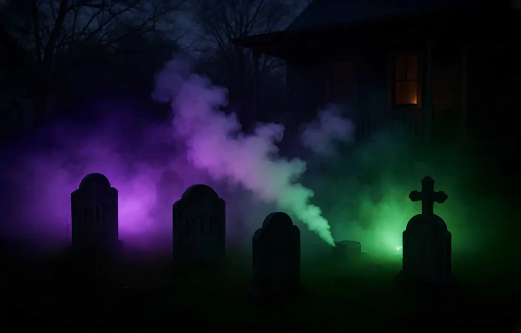 Eerie outdoor Halloween graveyard with purple green neon LED flex lights and fog effect