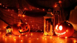 Spooky Halloween LED strip lights decorating glowing pumpkins and lanterns for outdoor scary display