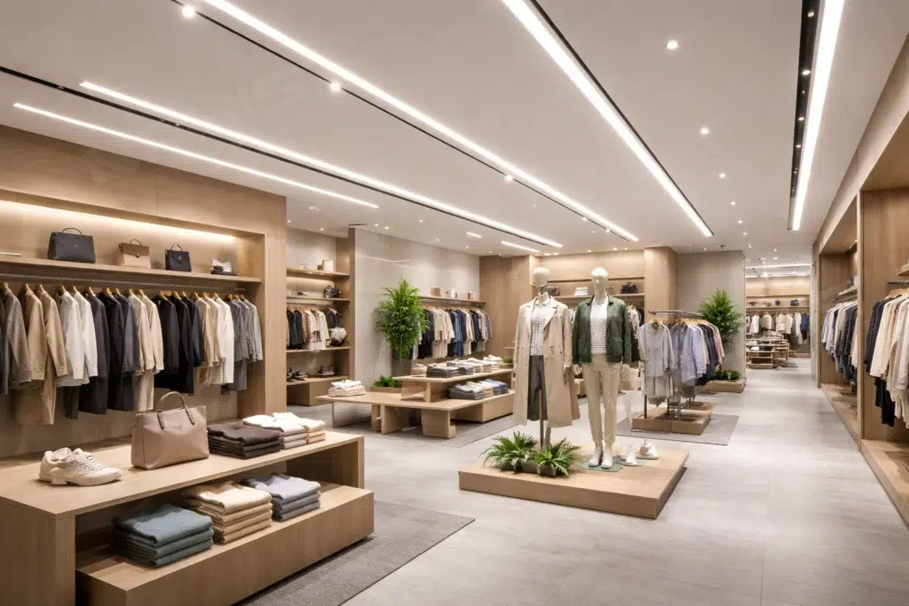 Modern clothing retail store interior with linear LED strip lights installed on ceiling, creating bright and stylish ambient lighting for merchandise display » led strip light Production R&D Manufacturer|NPHIS Modern clothing retail store interior with linear LED strip lights installed on ceiling, creating bright and stylish ambient lighting for merchandise display