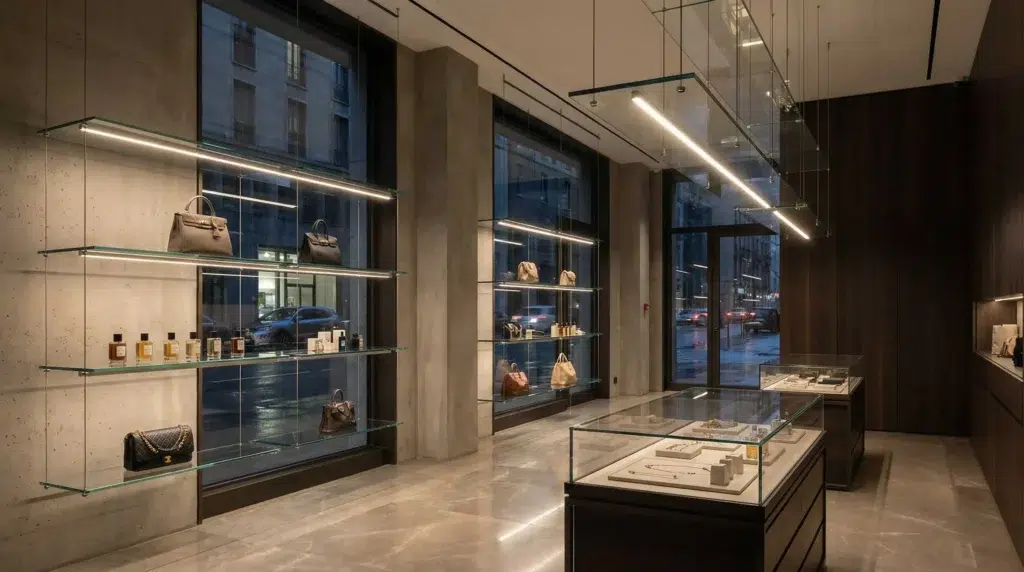 ai01_retail_store1 » led strip light Production R&D Manufacturer|NPHIS Modern luxury retail store interior with warm white LED strip lights installed under glass display shelves illuminating handbags and accessories