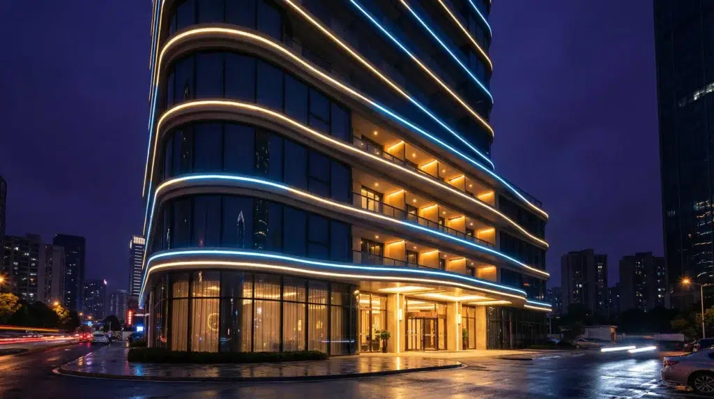 ai03_neon_architecture1 » led strip light Production R&D Manufacturer|NPHIS Modern luxury hotel building exterior at night with silicone LED neon flex strip lights outlining architectural contours in warm gold and cool blue tones