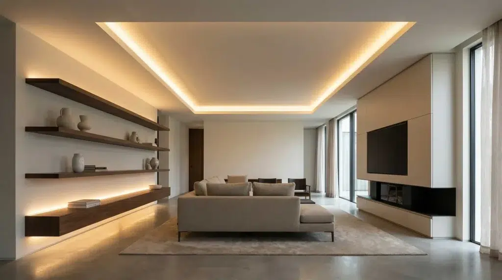 ai04_interior_design1 » led strip light Production R&D Manufacturer|NPHIS Elegant modern living room interior with warm white LED strip lights installed in ceiling coves and under floating wooden shelves creating soft ambient glow