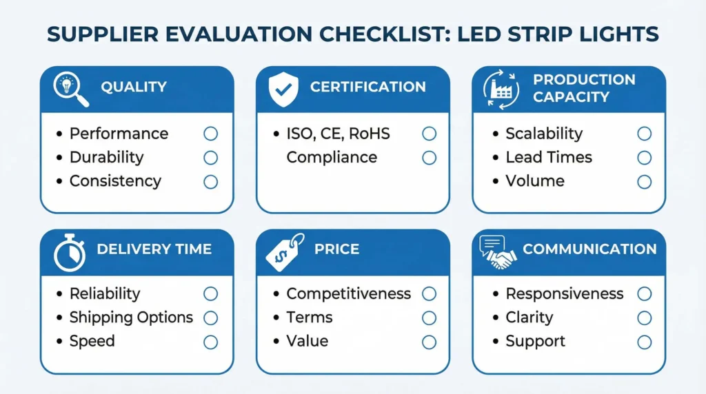 ai05_supplier_checklist » led strip light Production R&D Manufacturer|NPHIS LED strip light supplier evaluation checklist infographic showing quality certification production capacity delivery time price and communication criteria