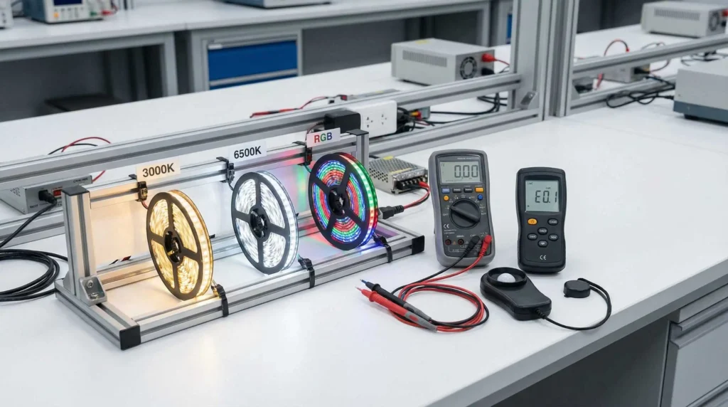 ai06_sample_testing1 » led strip light Production R&D Manufacturer|NPHIS LED strip light sample testing setup on laboratory bench with warm white cool white and RGB strip samples connected to multimeter and lux meter instruments
