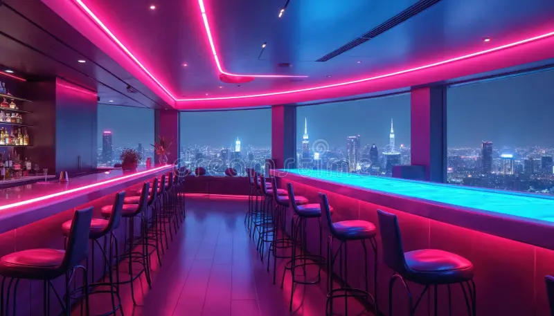 Neon Illuminated Bar Interior Boasts Futuristic Design with Skyline Views at Night
