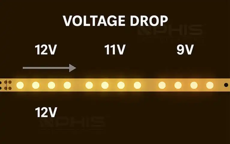 Long run LED strip voltage drop diagram showing brightness loss over distance