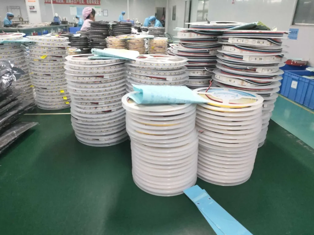 High-volume finished LED strip reels ready for packaging in a reliable LED strip factory in China