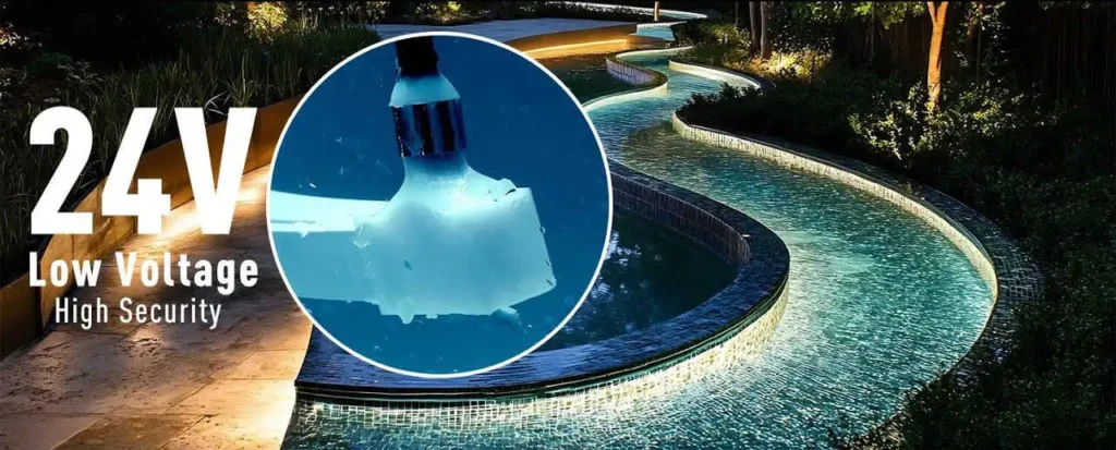 Luxury curved swimming pool at night illuminated with 24V low voltage IP68 LED strip lights along the waterline, with an inset circle showing a submerged LED strip connector underwater, and text overlay reading "24V Low Voltage High Security" emphasizing pool lighting safety