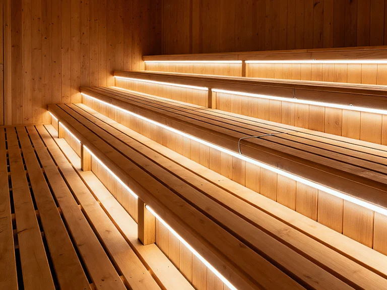 Tiered wooden sauna benches with warm LED lights along the edges of the steps. (Sauna interior)