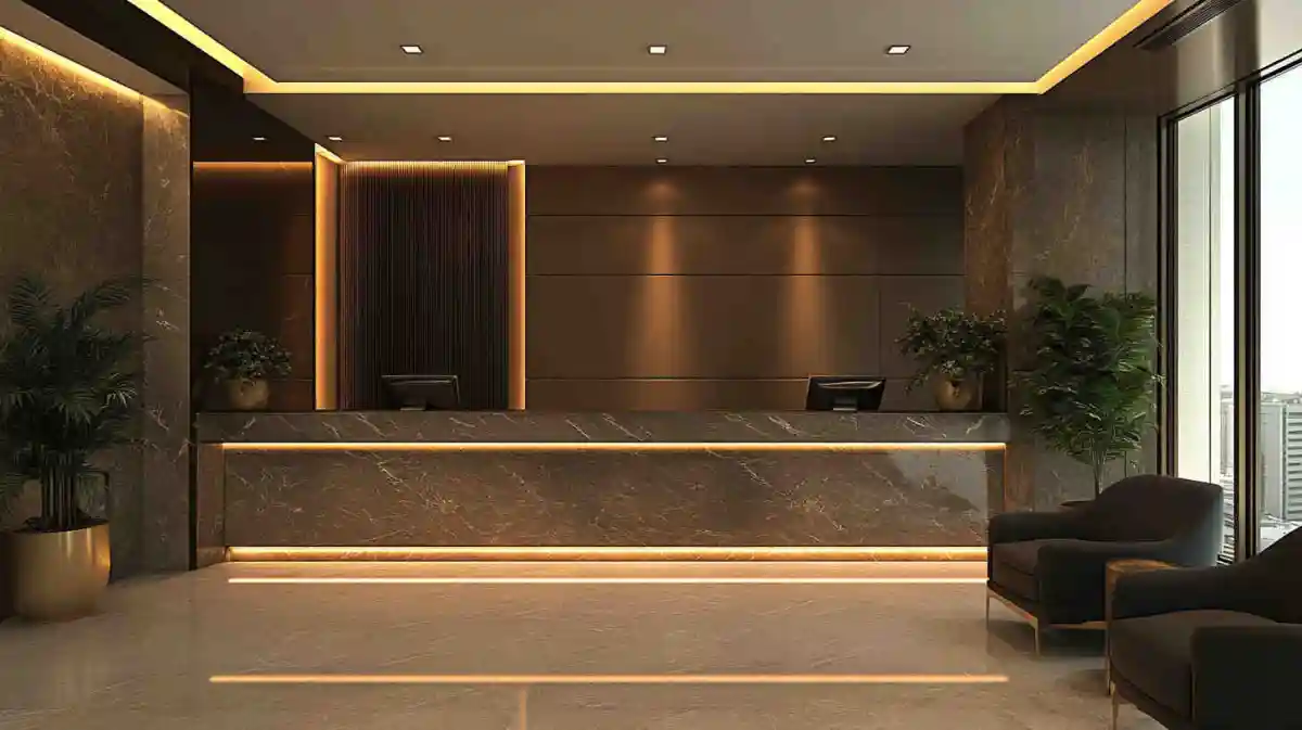 High-uniformity warm white LED backlight strips used in luxury hotel lobby design, installed in ceiling, reception counter and floor for 5-star hospitality lighting projects