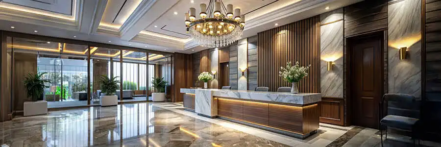 Elegant hotel reception area with warm LED strip cove lighting creating a floating ceiling effect