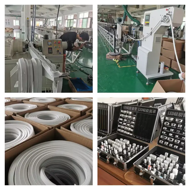 LED strip light factory production facility showing silicone tube extrusion machines, workers operating equipment, coiled white silicone neon LED strips in packaging boxes, and a professional sample display case showing various IP67 silicone tube and sleeve profiles