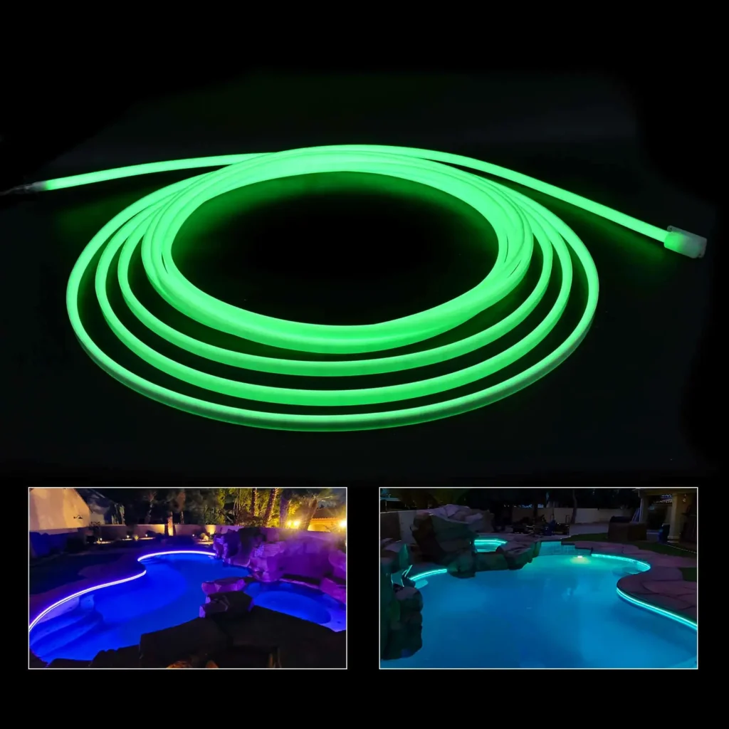 IP68 waterproof colored silicone LED strip light coiled on black background with inset photos showing blue and green underwater swimming pool lighting installation