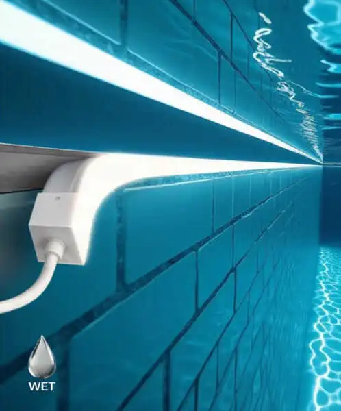 IP68 rated waterproof LED strip light mounted on a teal blue tiled pool wall in a wet underwater environment, with visible waterproof connector and cable, demonstrating submersible LED strip installation for swimming pools