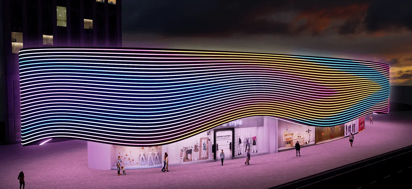 Commercial retail building exterior at night covered in dense parallel wavy lines of multicolor neon LED strip lights in white, cyan, yellow and orange tones, creating a dramatic flowing wave pattern across the entire facade with pedestrians visible below