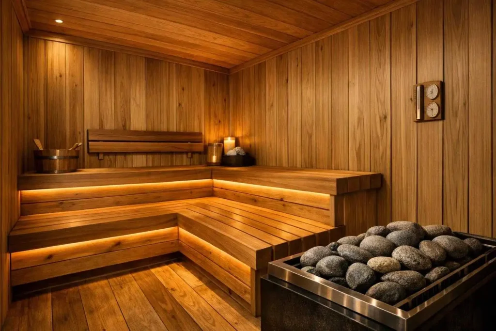 Wood-paneled sauna with tiered benches, warm lighting, and a heater topped with stones in the foreground