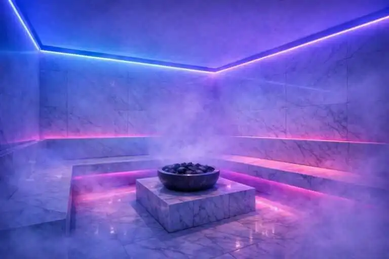 Marble-walled steam sauna with blue and pink neon lights and a central heated stone bowl emitting steam