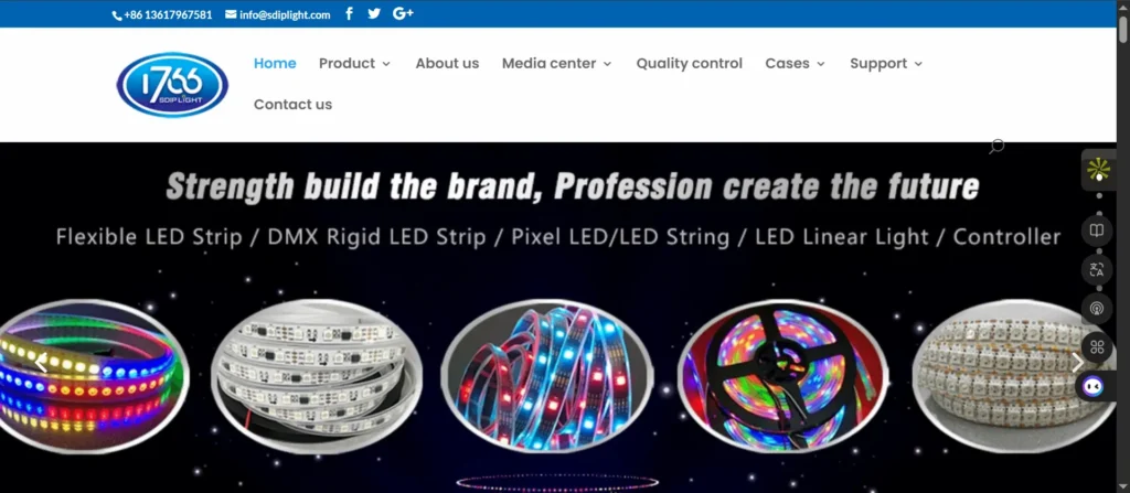 Banner showing LED strip lights products (colorful flexible, rigid, and neon reels) with the text 'Strength build the brand...'