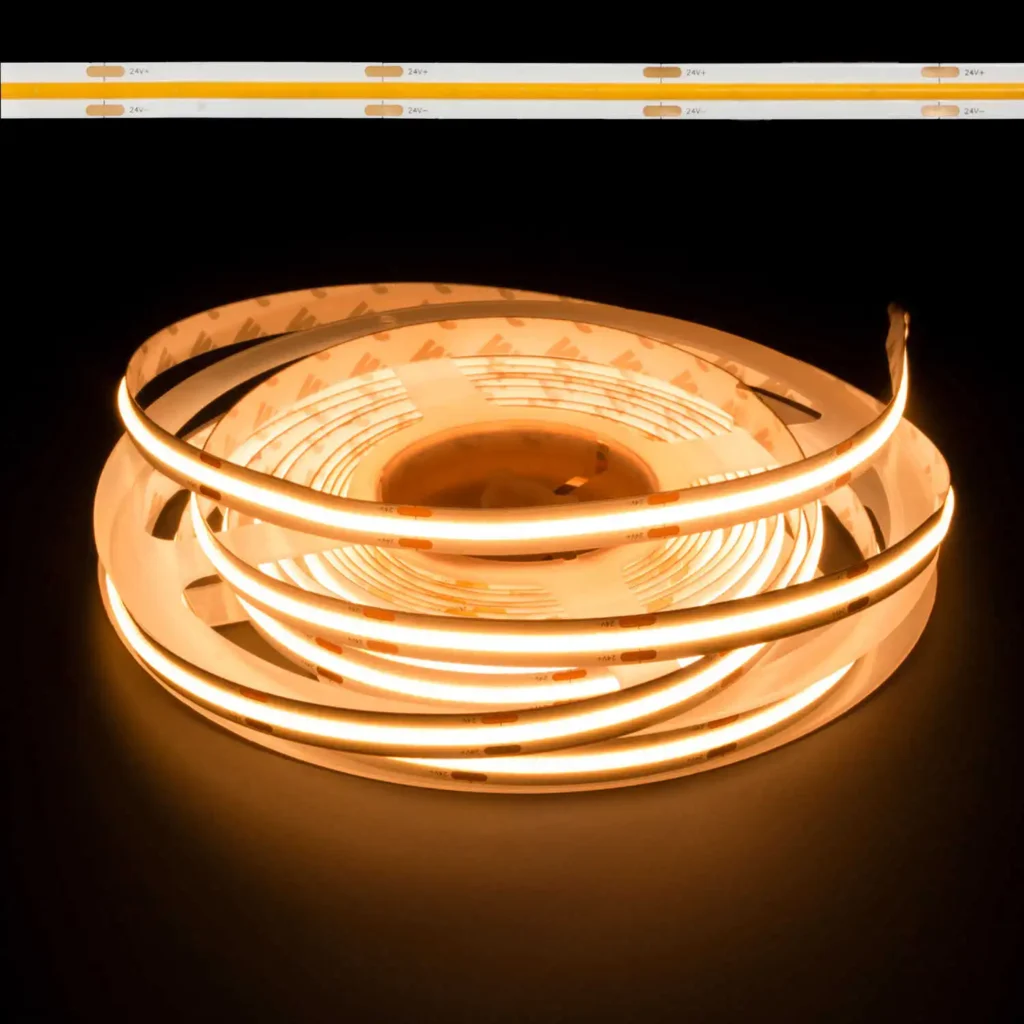 24V LED strip for kitchen cabinets, dotless seamless under cabinet lighting in warm white, comparing 24V vs 12V LED strip for kitchen cabinets options for stable kitchen use