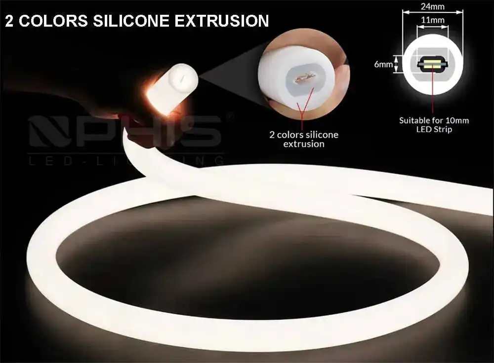 360-degree silicone extrusion LED neon flex showing dotless luminous uniformity