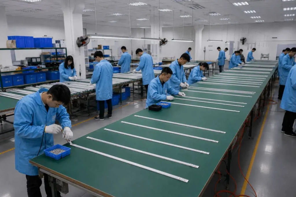 Factory workers assembling magnetic LED rigid bars on the production line. High-quality manufacturing of commercial retail shelf lighting solutions, ensuring strict quality control for supermarket and store display lights.