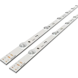 Two white LED strip light rails labeled 'DC12V' with dimming knobs, shown diagonally side by side on a black background (informative product image).