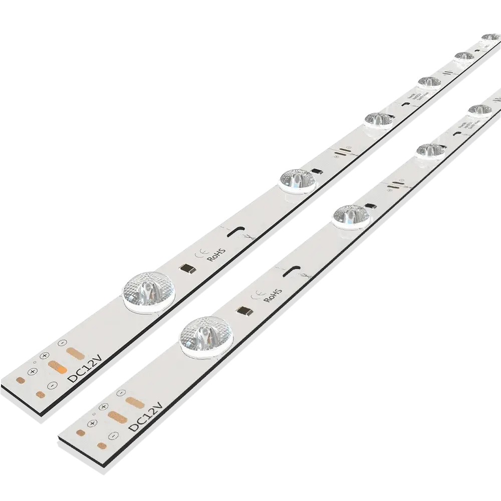 Two white LED strip light rails labeled 'DC12V' with dimming knobs, shown diagonally side by side on a black background (informative product image).