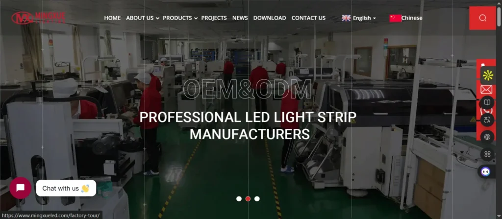 Factory interior with workers assembling LED light strips on an automated line; text overlay reads 'OEM&ODM Professional LED Light Strip Manufacturers'