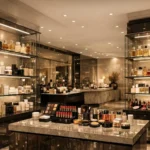 Magnetic LED rigid bar installed on glass display shelves in a high-end cosmetics store, illuminating perfume and makeup products with soft, even light. Ideal for retail shelf lighting solutions in luxury boutiques.