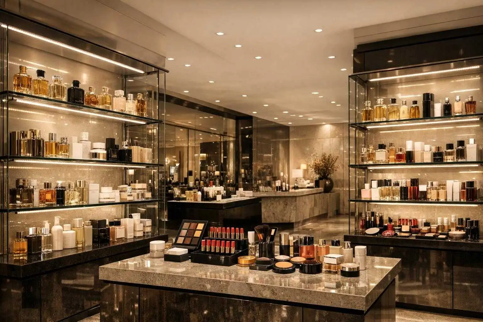 Magnetic LED rigid bar installed on glass display shelves in a high-end cosmetics store, illuminating perfume and makeup products with soft, even light. Ideal for retail shelf lighting solutions in luxury boutiques.