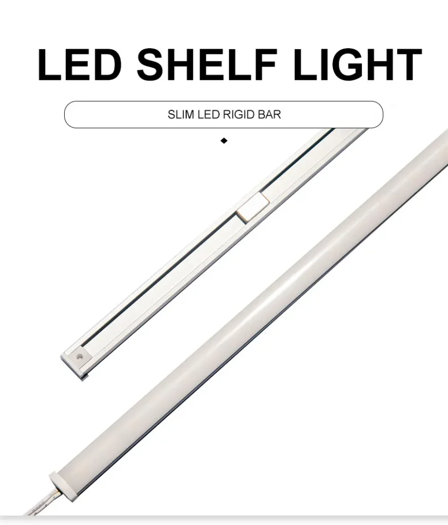 Two styles of slim LED rigid bar lights: aluminum magnetic track version and frosted tube version, designed as magnetic LED light bars for shelves in retail, supermarket, and boutique environments.