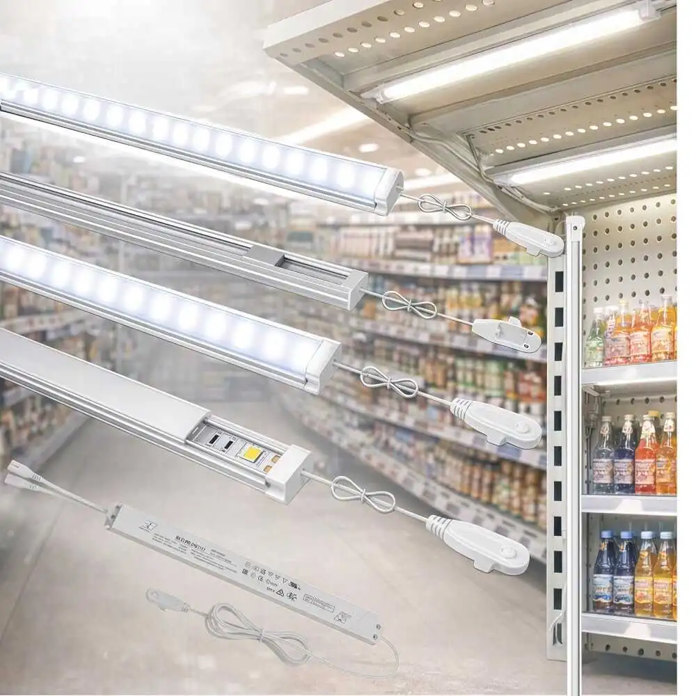 LED magnetic rigid bars installed on supermarket shelves, illuminating beverage products with bright, uniform light. A reliable commercial retail lighting solution for grocery stores and retail displays.