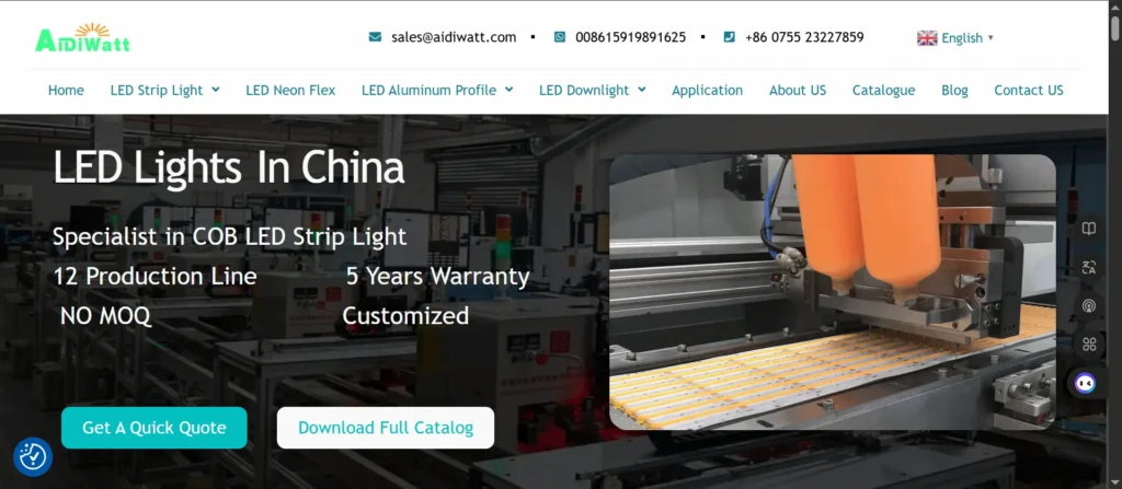 Factory floor producing COB LED strip lights; orange LED modules on a machine with the headline 'LED Lights In China'