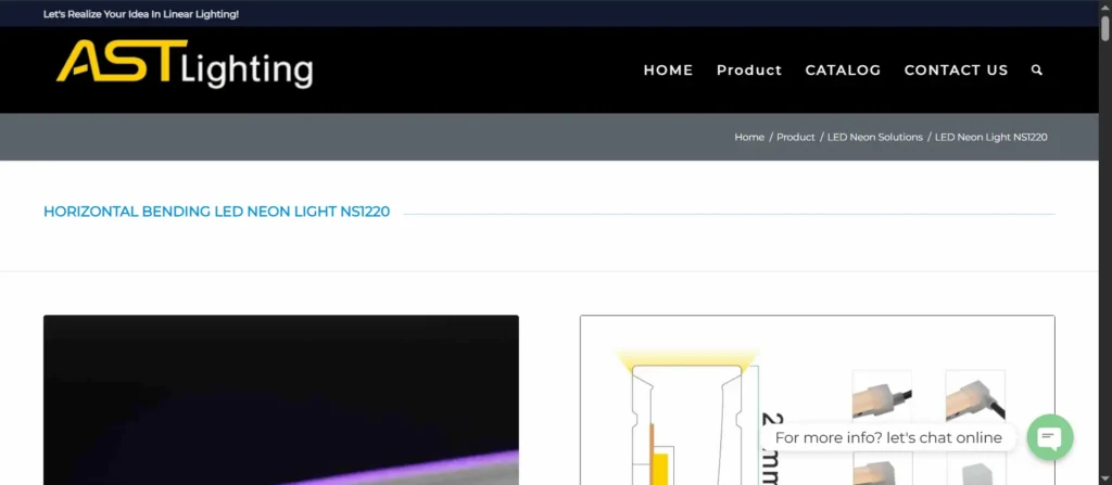 Header of AST Lighting product page showing breadcrumb and page title: Horizontal Bending LED Neon Light NS1220 in blue text on white background