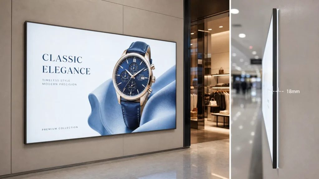Advertisement displaying a blue-dial wristwatch with a gold case and blue leather strap; text reads 'Classic Elegance' and 'Premium Collection'.