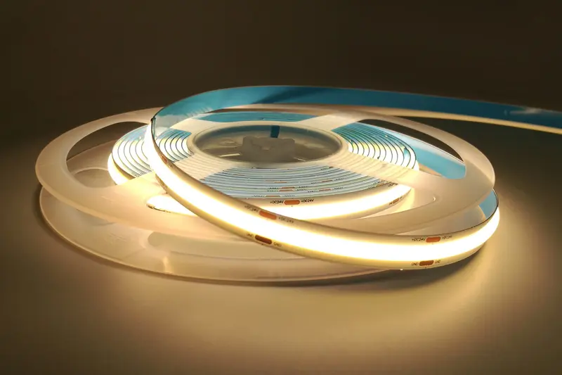 Dotless LED strip for modern kitchen, seamless under cabinet lighting with no visible dots, flexible COB LED strip ideal for under cabinet installation in kitchen