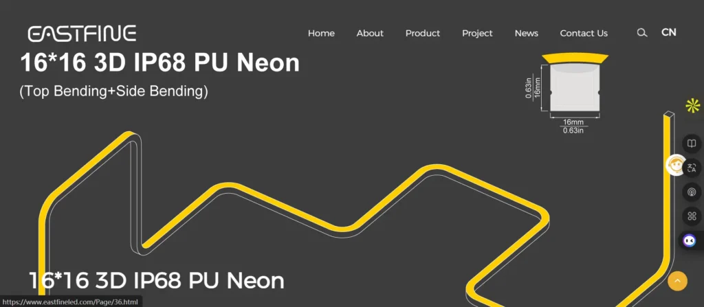 Eastfine 16×16 3D IP68 PU Neon banner with a yellow bent bar on a dark gray background.
