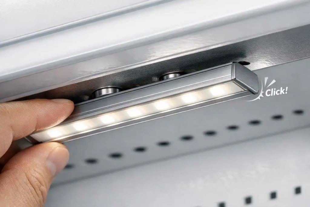 Close-up of LED magnetic rigid bar snapping onto metal retail shelf edge with tool-free neodymium magnet installation