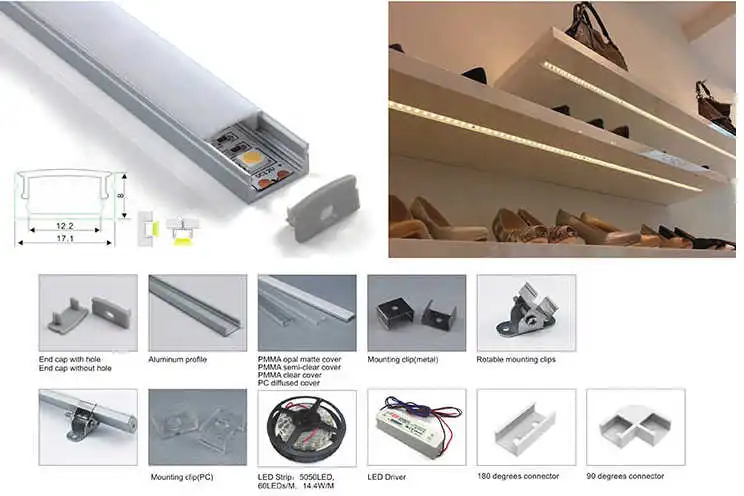 Surface-mounted aluminum LED channel with frosted diffuser cover