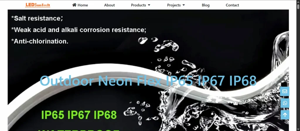 Product banner for Outdoor Neon Flex IP65/IP67/IP68, listing salt resistance, corrosion resistance to acids/alkalis, and anti-chlorination.