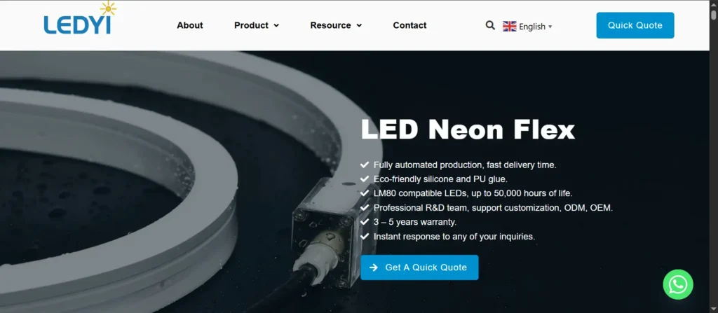 Hero section for LEDYI's LED Neon Flex product: dark background with curved LED strip image, large 'LED Neon Flex' headline, bulleted features (auto production, eco-friendly glue, LM80 LEDs, R&D support, 3–5 year warranty, quick quote) and a blue 'Get A Quick Quote' button; includes site navigation and WhatsApp badge in the corner.