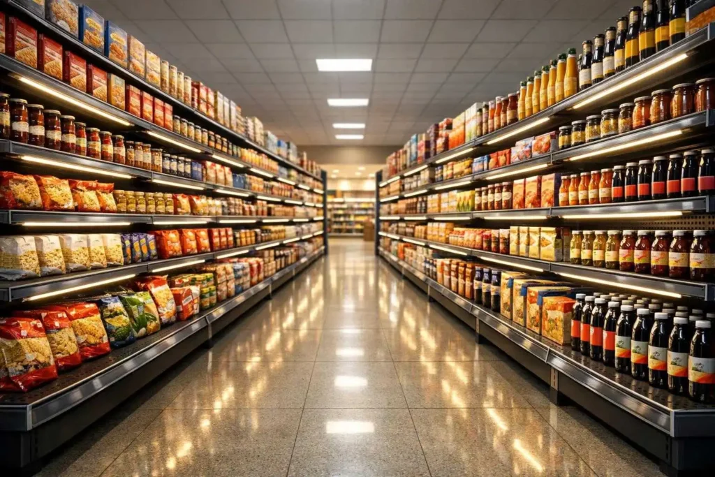 Magnetic rigid bar LED lights installed on supermarket metal gondola retail shelves