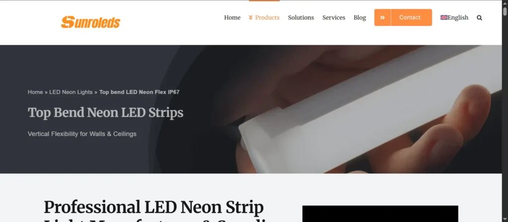 Hero banner for Top Bend Neon LED Strips with breadcrumb navigation and dark overlay.